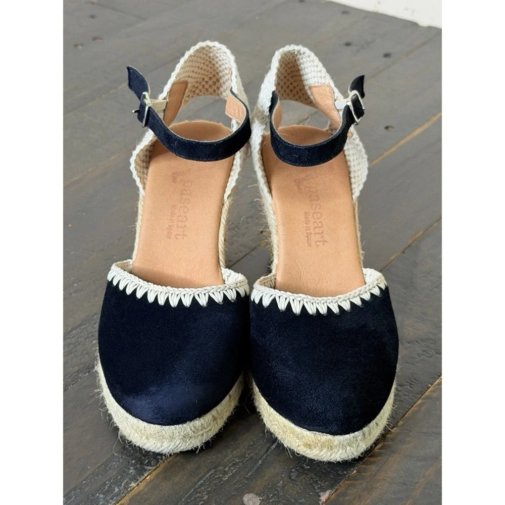 Apaseart Women's Black Suede Leather Espadrille Wedge Ankle Strap Shoes EU 37